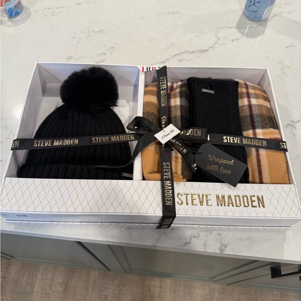Steve Madden Black Beanie and Plaid Scarf Set